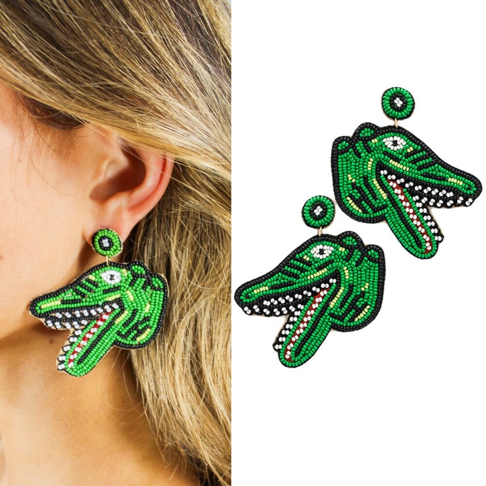 Florida Gators Alligator Seed Beaded Football Fan Gameday Mascot Earrings